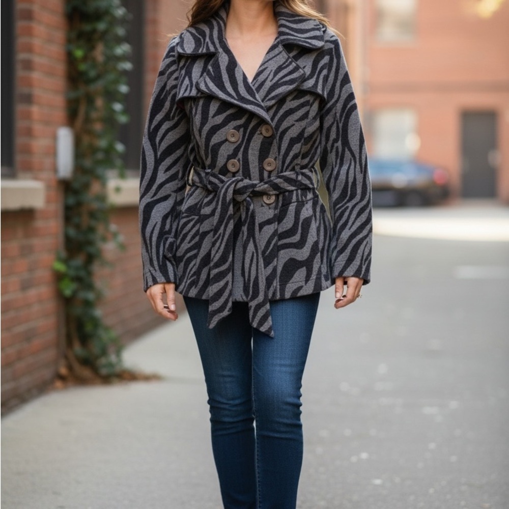 Dollhouse Black and Gray Zebra Print Pea Coat